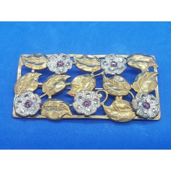 Vintage Rectangle Open Flowers Leaves Rhinestone Gold and Silver Tone Brooch Pin - Picture 1 of 5